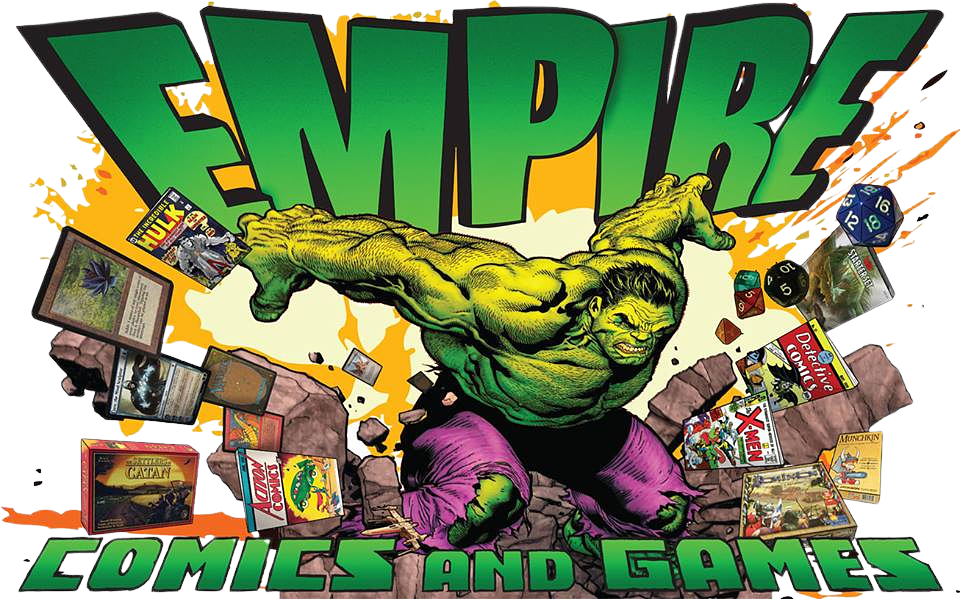 The image features a powerful depiction of a muscular green comic book character, resembling the Hulk, bursting through a brick wall. Surrounding the character are various comic books, card games, and board games. The background is a bright, splattered pattern of orange and yellow. Above the character, large green letters spell "EMPIRE." Below, the words "COMICS AND GAMES" are prominently displayed in green with a black outline. The scene conveys energy and excitement, highlighting the character’s dynamic pose and the surrounding assortment of game and comic materials.