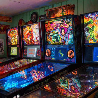resized images for empire website (1) Close up of brightly colored pinball machines